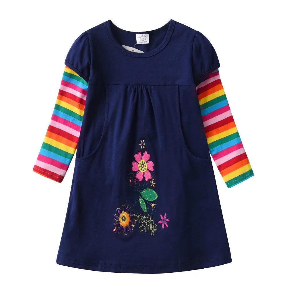 Girls Navy Pretty Things Flower Embroidery Cotton Dress