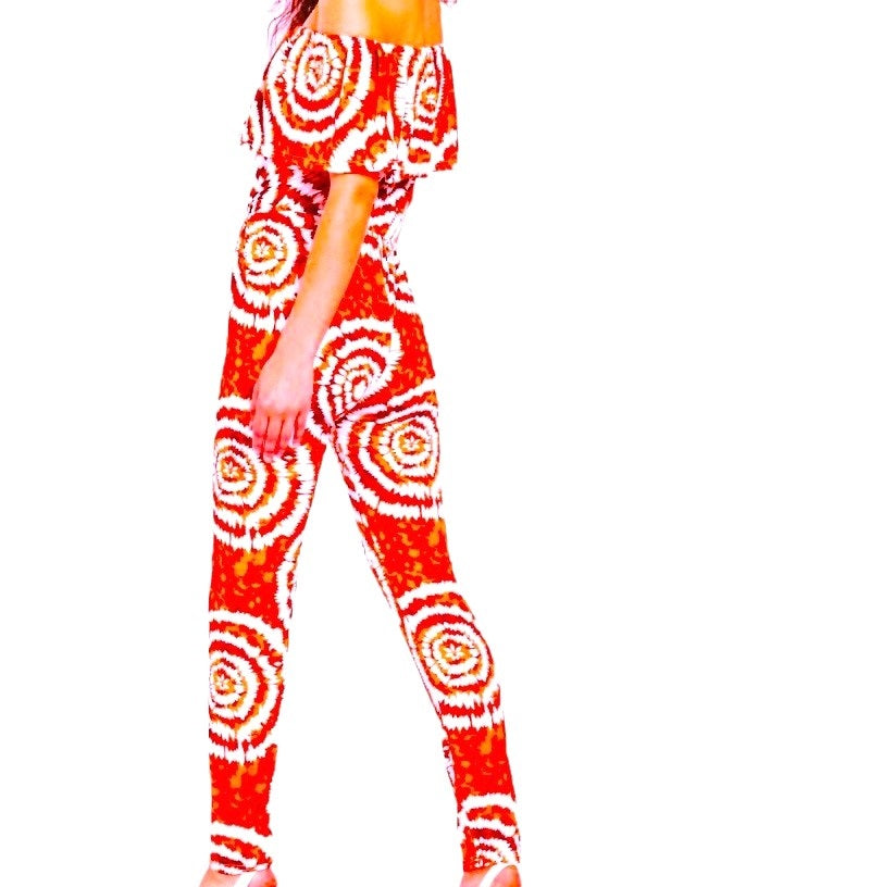 Ladies Red & White Patterned Off Shoulder Jumpsuit
