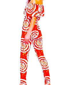 Ladies Red & White Patterned Off Shoulder Jumpsuit