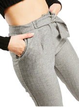 Load image into Gallery viewer, Ladies Grey Metallic Insert Stripes Buckle Belted Cropped Capri Trousers
