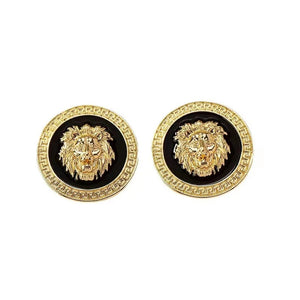 Ladies Lion Head Gold Plated Round Drop Stud Earrings