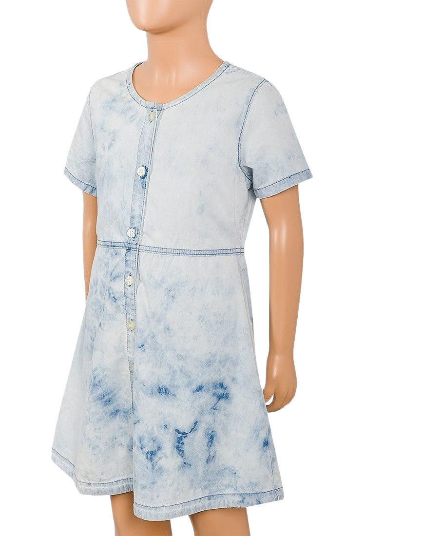 Girls Ice Blue Chambray Cotton Acid Wash Shortsleeve Dress