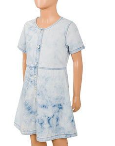 Girls Ice Blue Chambray Cotton Acid Wash Shortsleeve Dress