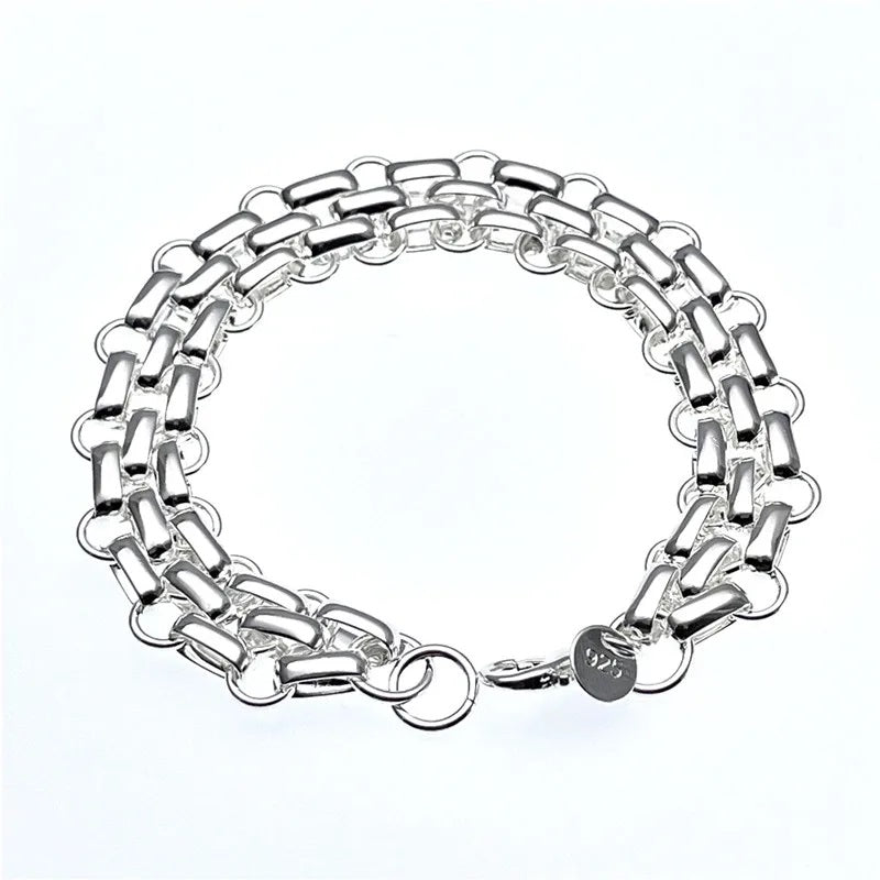 Ladies 925 Sterling Silver Interlocking Circle Thick Handchain Womens Bracelet