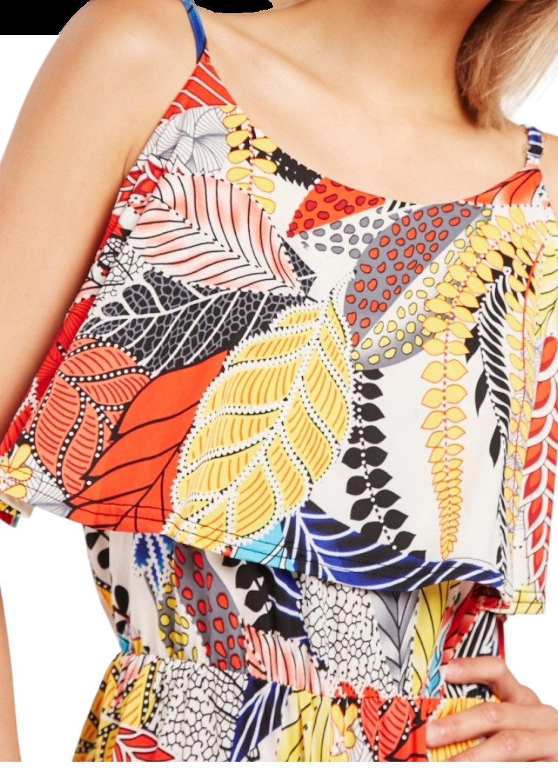 Ladies Multi Color Leaf Print Overlay Adjustable Strap Stretchy Jumpsuits