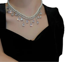 Load image into Gallery viewer, Ladies Silver Rhinestones Drop Crystals Choker Multi Layer Pearl 2Tier Necklaces
