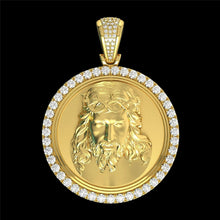 Load image into Gallery viewer, Mens Big 18K Gold Plated Round Crystals Jesus Head Pendant Necklace
