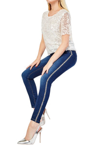Ladies Blue Denim Mid Rise Stretchy Side Lurex Jeans