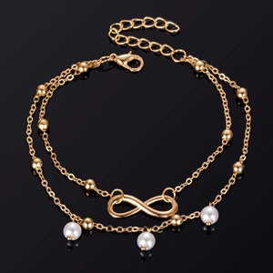 Ladies Gold Plated Two Layers Simulated Pearl Infinity Charm Anklet