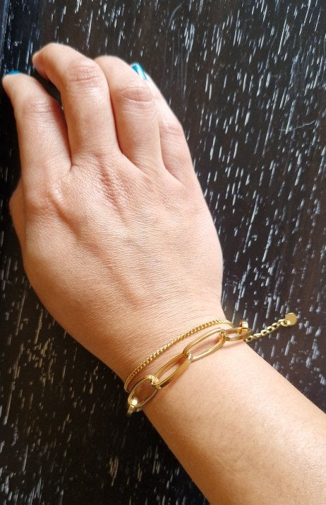 Ladies Gold Double Thick Stainless Steel Ring Link & Thin Chain Bracelets