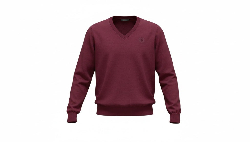 Mens Burgundy Soft Knitted Cotton Rich V-Neck Ribbed Long Sleeve Jumper