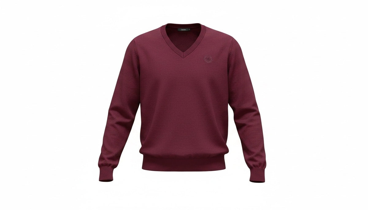 Mens Burgundy Soft Knitted Cotton Rich V-Neck Ribbed Long Sleeve Jumper