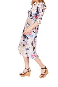 Ladies Beige Multi Floral Overlay Collar Short Sleeve dress