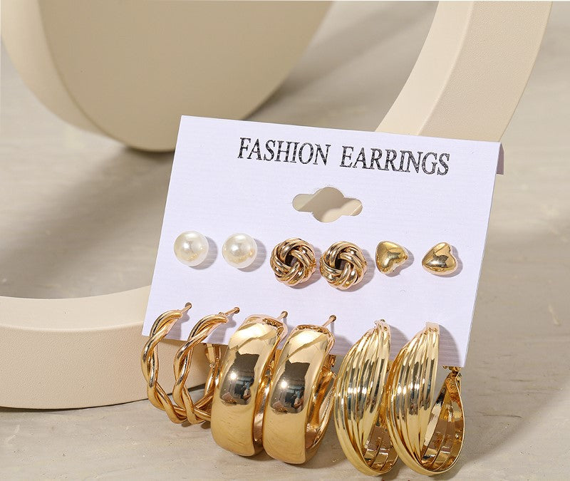Ladies Gold Smooth Twist Hoop Faux Pearl Heart 6 Pair Earrings