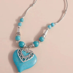 Ladies Silver Turquoise Beads Heart Pendant & Ring Set