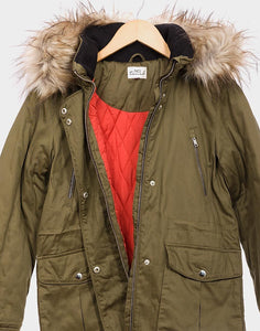 Girls Olive Green Detachable Furry Trim Hood Parka School Jacket Winter Coats