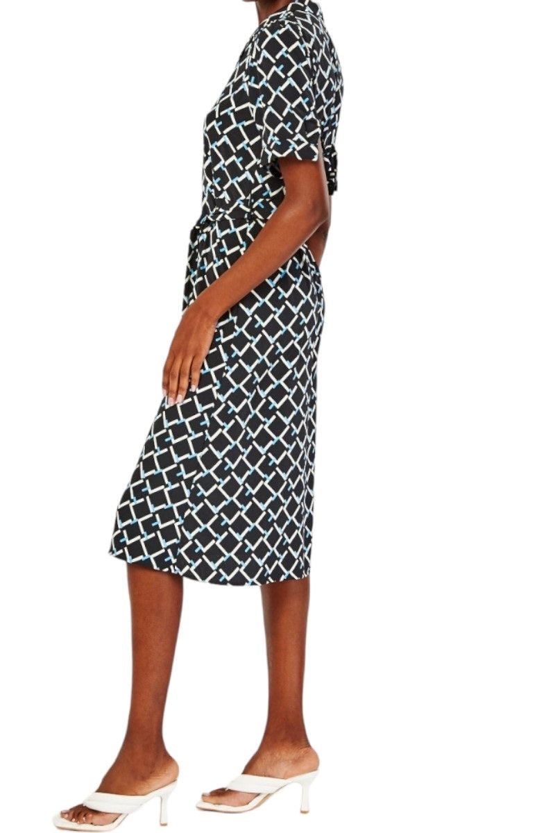 Ladies Black Multi Lapel Collared Print Belt Midi Dress