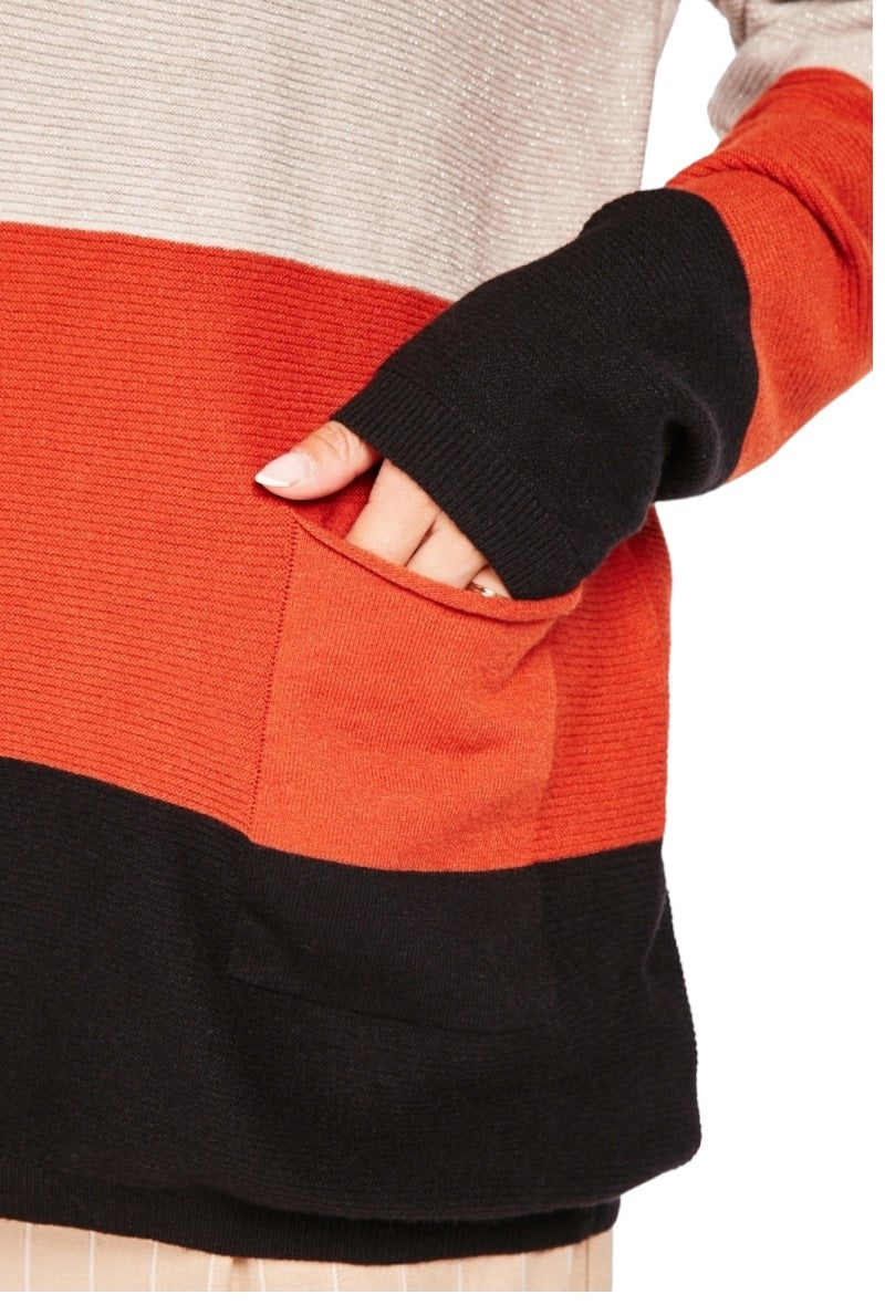 Ladies Beige Multi Large Stripe Lurex  Colour Block Jumper