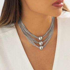 Ladies Silver Round Bead Chocker 3Tier Multilayer Party Necklace