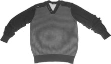 Load image into Gallery viewer, Mens Black &amp; Grey Twin Effect Shoulder Patch V Neck Striped Knitted Jumper
