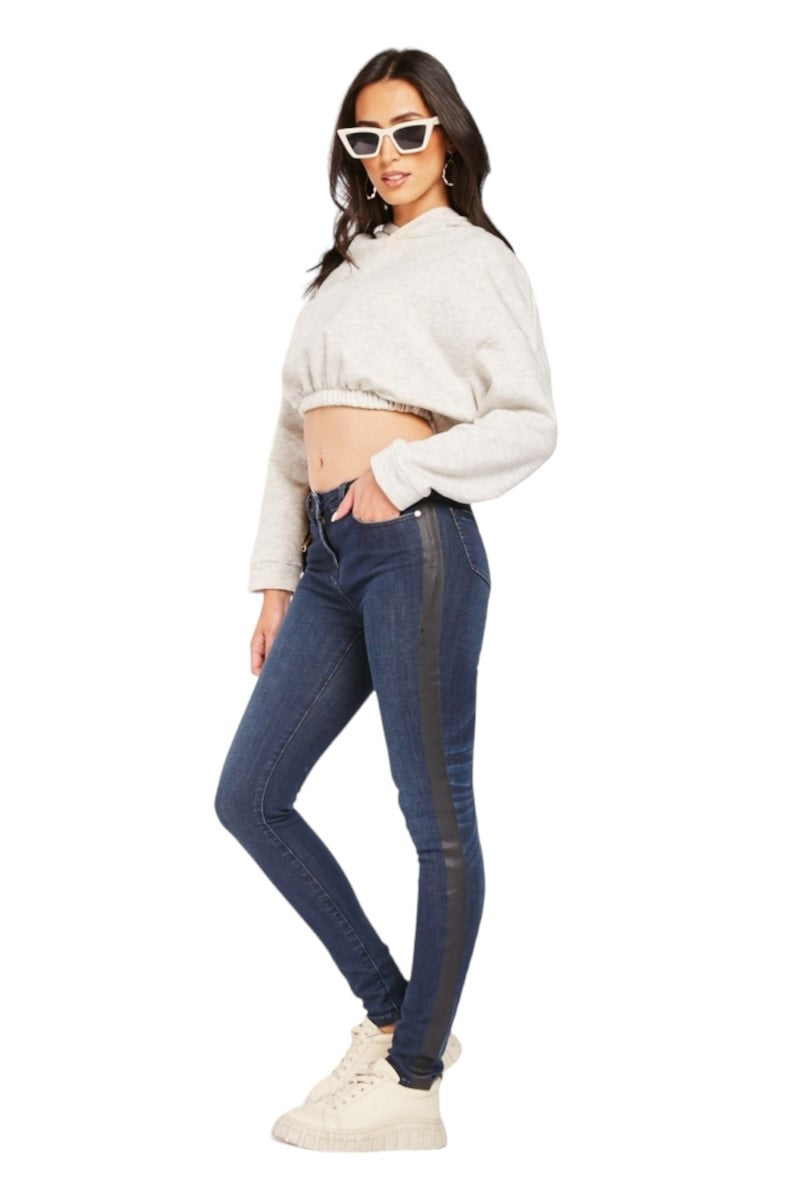 Ladies Dark Denim Blue Cotton Black Side Stripe Mid Waist Jeans
