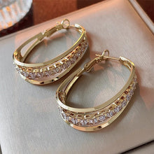 Load image into Gallery viewer, Ladies Gold Oval Luxury Inlaid Mid Crystal Dazzling Hoop Womens Earrings
