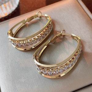 Ladies Gold Oval Luxury Inlaid Mid Crystal Dazzling Hoop Womens Earrings