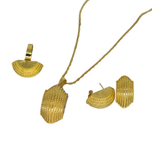 Ladies Gold Bold Half Shell Unique Cut Pendant Earrings Twirl Chain Necklace Set