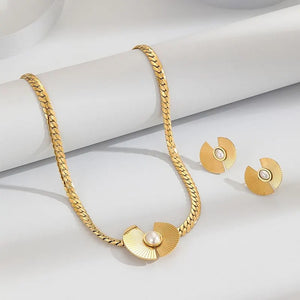 Ladies Gold Fan Design Pearl Centre Earrings Choker Party Necklace Set