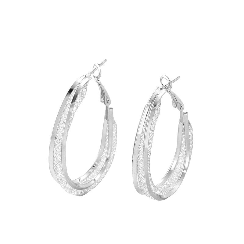 Ladies Silver Oval Chunky Mesh Layered Inner Crystals Hoop Earrings