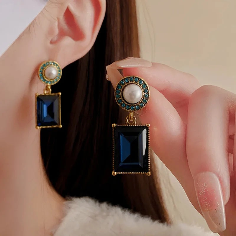 Ladies Blue Green Square Crystals Bead Dangling Drop Earrings