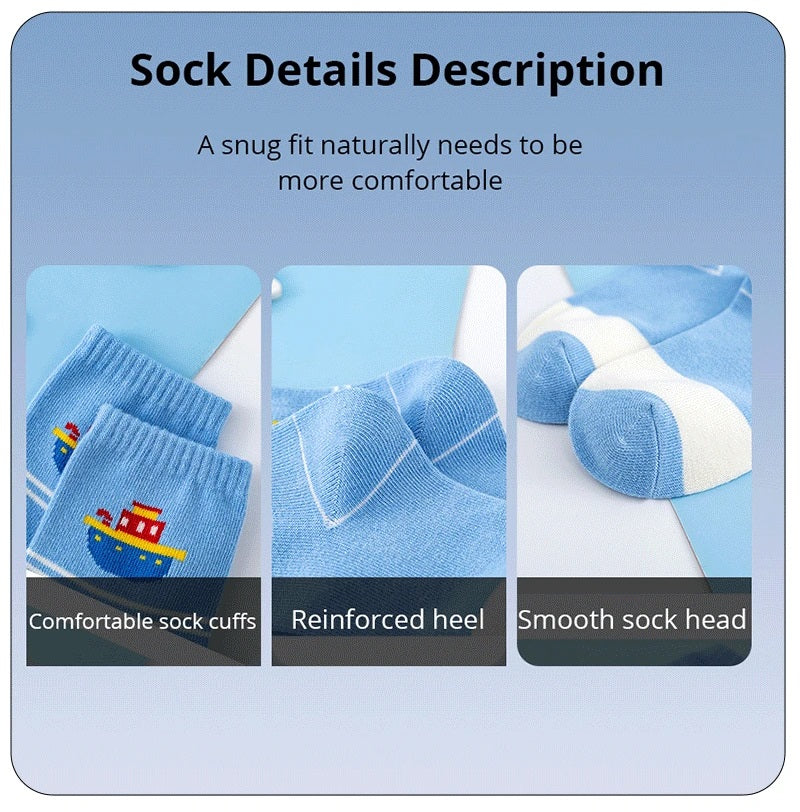 Boys Blue Soft Stripe Sailboat Print 5 Pairs Ankle Socks 4-8y
