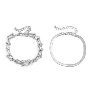 Ladies Silver Copper Chain Interlock Link Crsytal 2Pc Bracelets