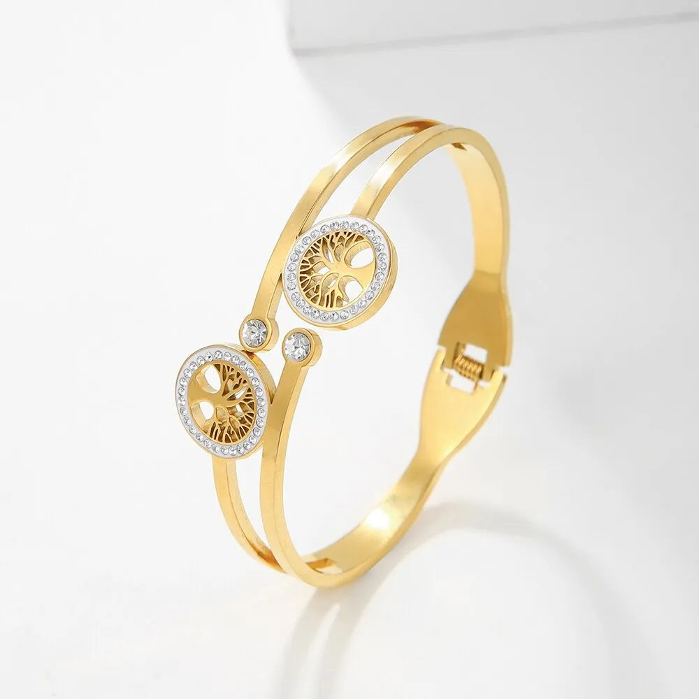 Ladies Gold Luxury Stainless Steel Tree of Life Cubic Zircon Lucky Cuff Bracelet