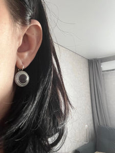 Ladies Tibetan Silver Plated Black Stone Bohemian Carved Vintage Hook Earrings
