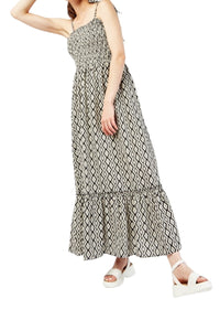 Multi Diamond Pattern Shirred Bodice Cotton Maxi Tie Strap Dress