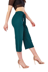Ladies Green & Black Polka Dot Printed Wide Leg Crop Trousers