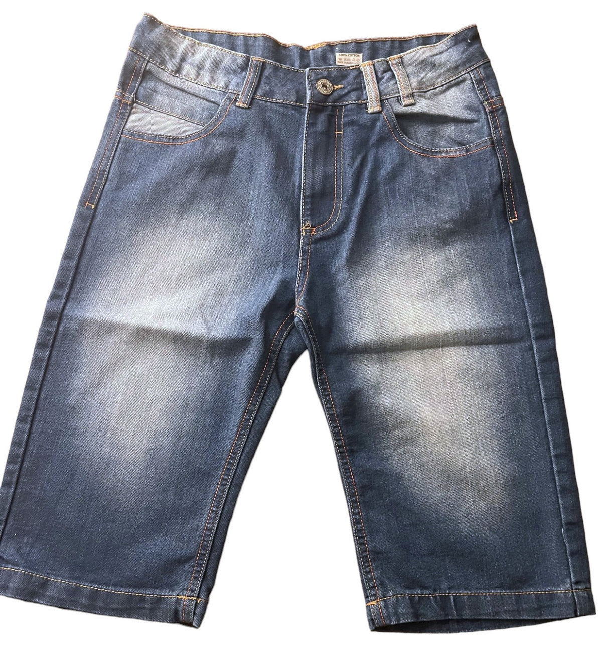 Boys Blue Contrast Threading Stone Washed Whisker 3/4 Denim Shorts