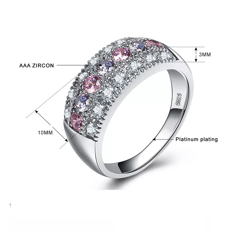 Ladies 925 Sterling Silver 3 Rows Pink & White AAA Zircon Crystals Rings