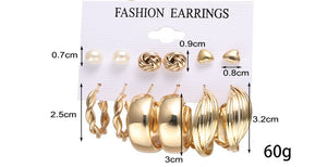 Ladies Gold Smooth Twist Hoop Faux Pearl Heart 6 Pair Earrings