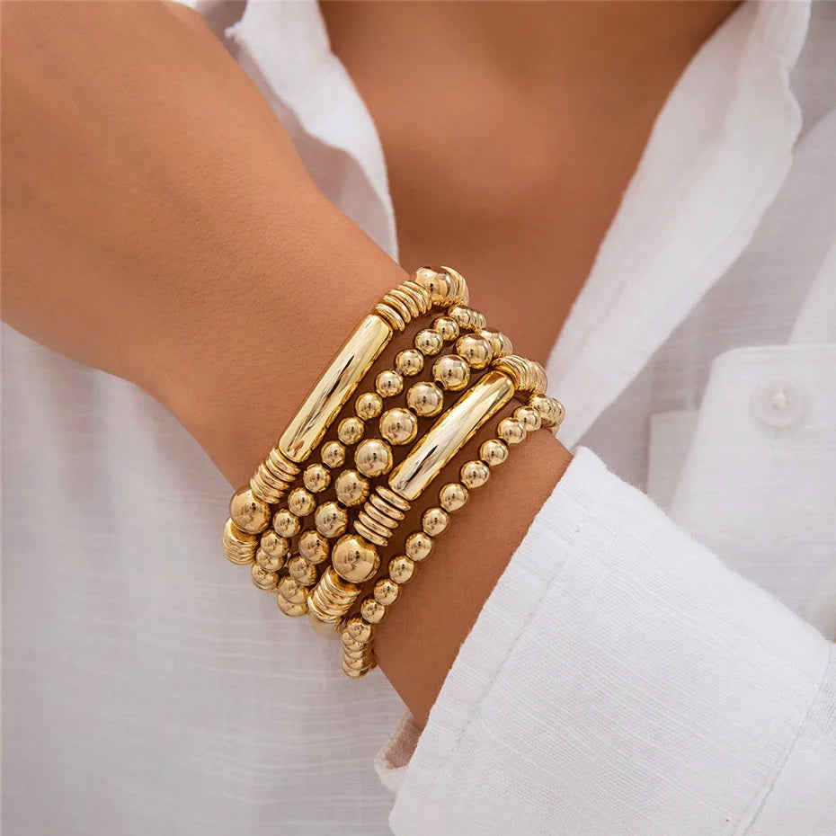 Ladies Gold Plated Chunky Round Beads 5 Set Stackable Bracelets