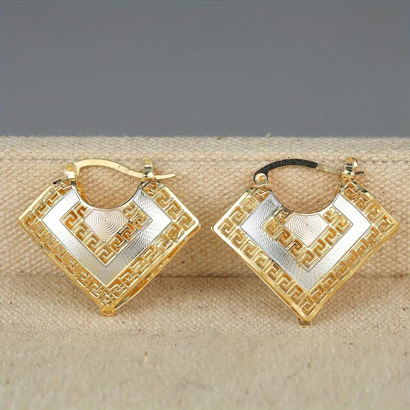 Ladies Gold Plated Two Tone Hollow Cutout Layer Hoop Earrings