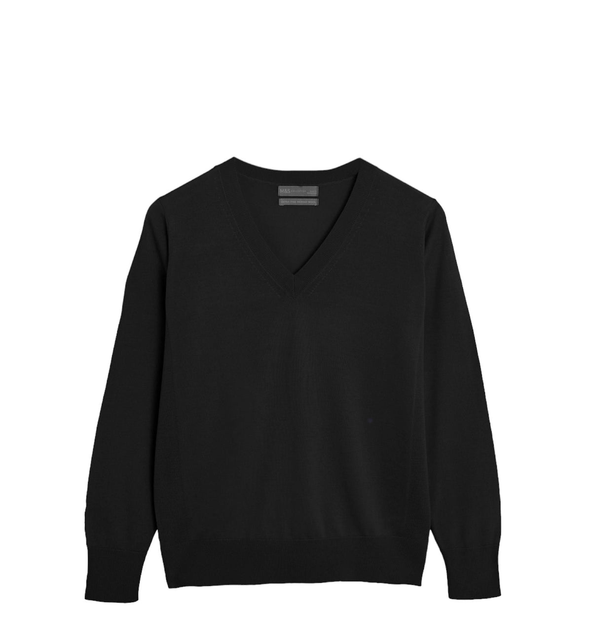 Ladies Black Pure Cotton Wide Ribbed V-Neck Jumpers