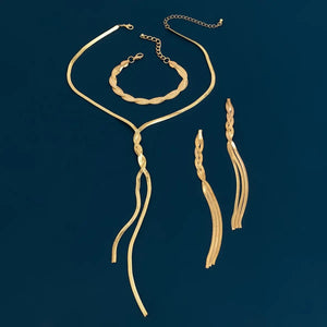 Ladies Gold Long V-shaped Tassel Snake Chain Earrings Bracelet Necklace Set