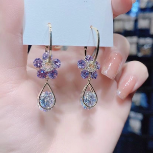 Ladies Purple Blue Crystal Flower Waterdrop Dangle Earrings