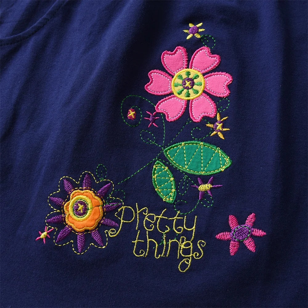 Girls Navy Pretty Things Flower Embroidery Cotton Dress