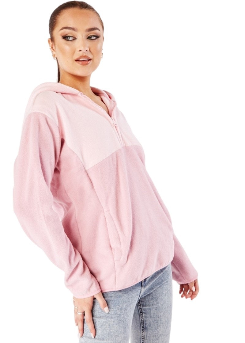 Ladies Pink Colour Block Fleece Hoodie Sweatshirt