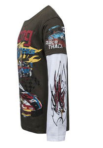 Boys Dark Olive Racing Print Layer Long Sleeve Cotton T-Shirt