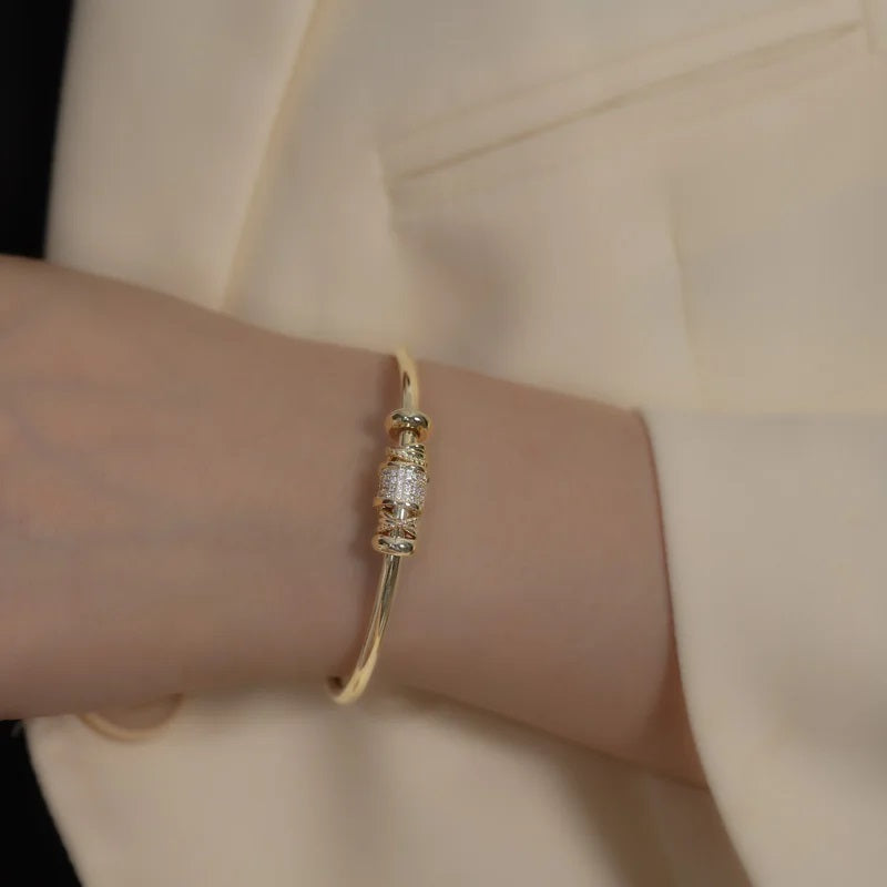 Ladies Gold Plated Zircon Stone Rhodium Adjustable Cuff Bangle