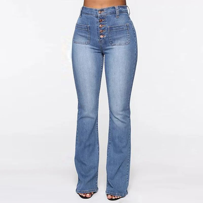 Ladies Blue Buttoned Front Stretchy Denim Straight Leg Jeans